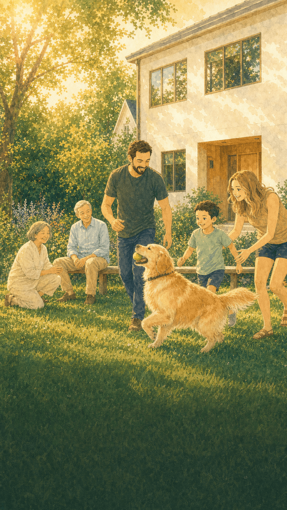 A warm, hand-painted scene of three generations spending an afternoon together in a garden