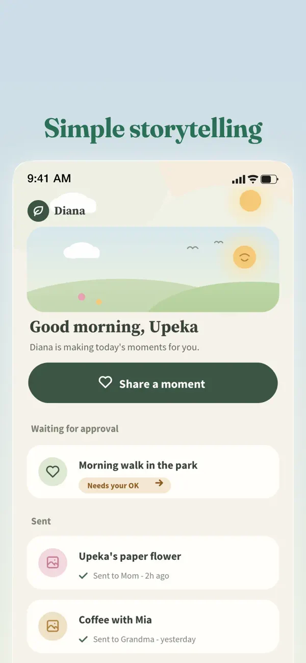 Diana on iPhone, showing moments waiting for approval and updates shared with family